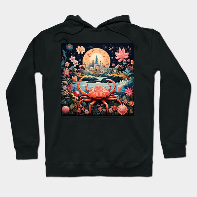 Surrealistic Folk Art Dark Floral Motif Crab Design Hoodie by The Little Store Of Magic